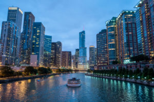 Chicago skyline along the canal